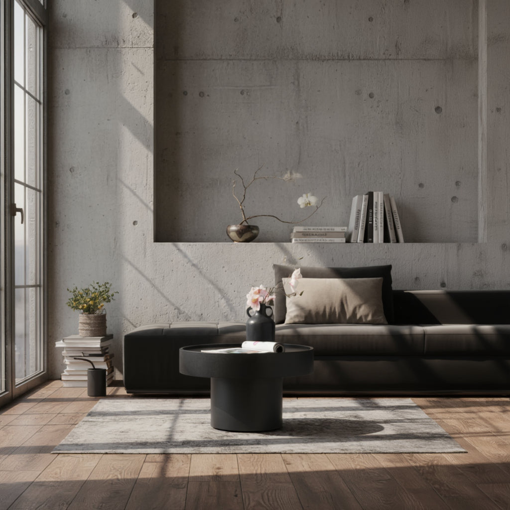 Schwarzer Metalltisch mit strukturierter Oberfläche und Design in Pilzform im Wohnzimmer