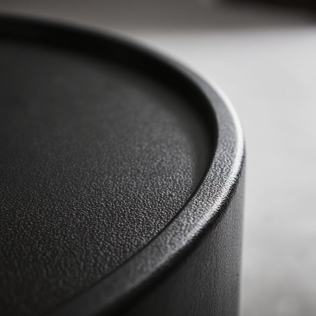 Detailaufnahme der strukturierten Oberfläche des schwarzen Couchtischs im Industrial-Stil 