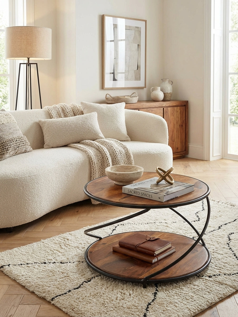 Moderner Couchtisch aus Sheesham Massivholz mit gedrehtem Metallgestell, elegant im Wohnzimmer vor einem Sofa auf einem Teppich platziert._