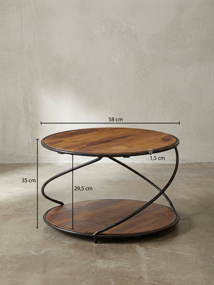 Technische Zeichnung des runden Couchtisches mit allen exakten Maßen: Breite 58 cm, Höhe 35 cm, für eine präzise Raumplanung im Wohnzimmer._