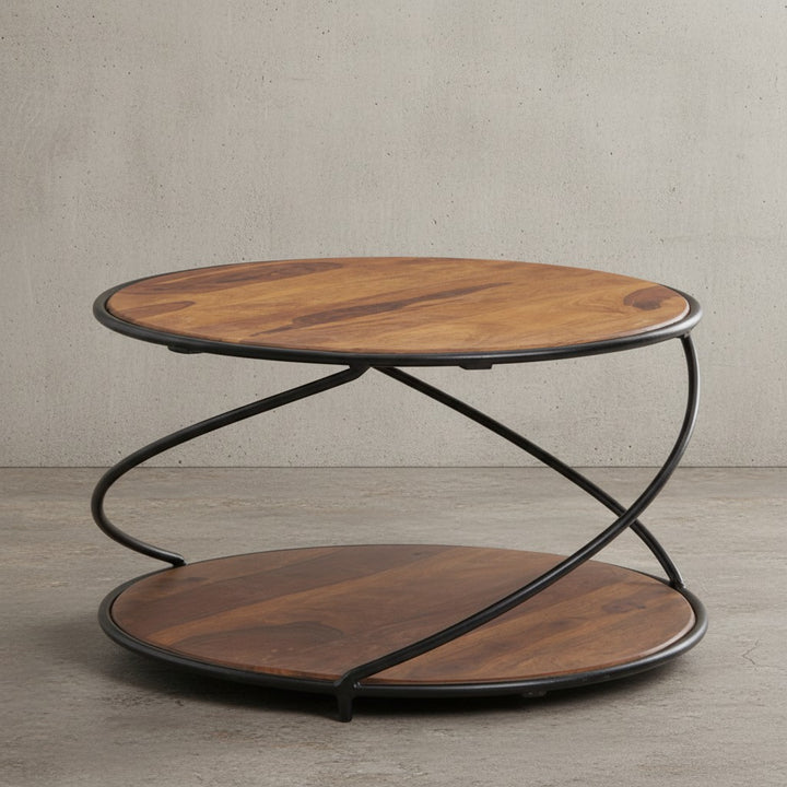 Couchtisch aus Sheesham Massivholz und Edelstahl_ Schwarz/Braun_ 2 Ablageflächen - KADIMA DESIGN_Größe_ 58x58x35 cm_