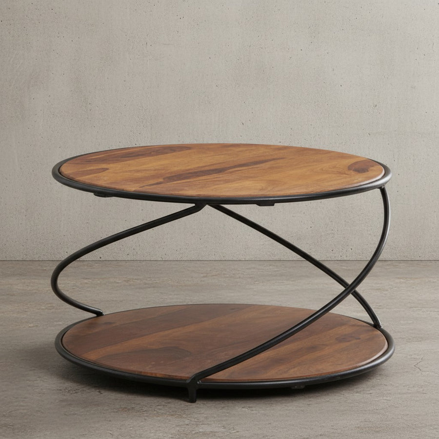 Couchtisch aus Sheesham Massivholz und Edelstahl_ Schwarz/Braun_ 2 Ablageflächen - KADIMA DESIGN_Größe_ 58x58x35 cm_