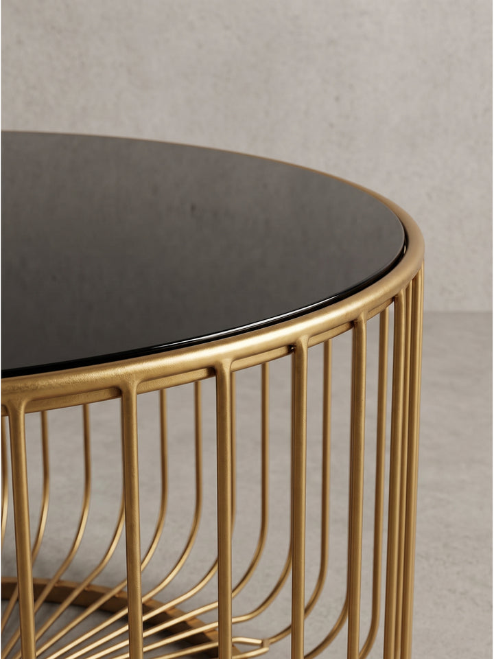 Komplette Ansicht des runden Kaffeetisches mit goldenen Metallstreben und einer Durchmesser-Standfläche von 60 Zentimetern_