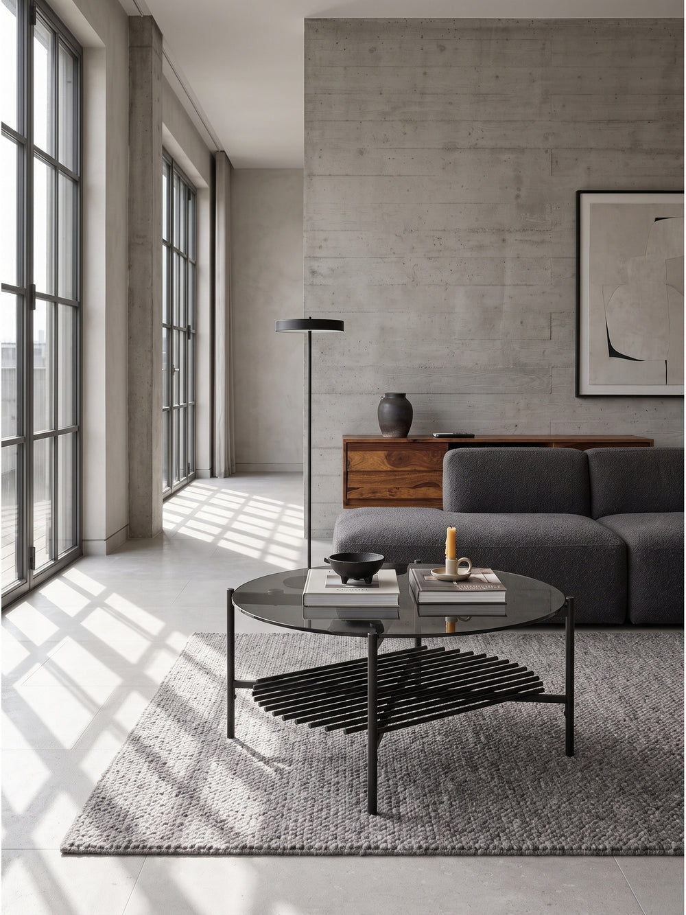 Schwarzer Metall-Couchtisch mit Ablagefläche kombiniert mit einem hellgrauen Loungesofa und einem Beistelltisch aus Beton in einer minimalistischen Raumsituation._