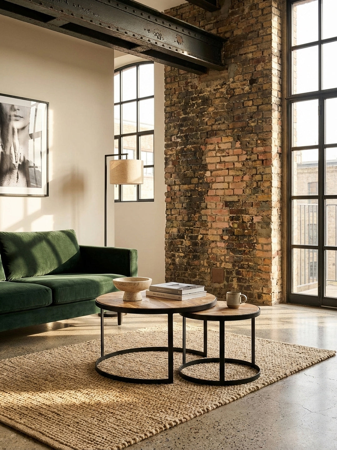 Draufsicht auf den Satztisch aus Akazie und Mango, arrangiert als Wohnzimmertisch mit Büchern und Dekoration, zeigt die flexible Anordnung der zwei Tische._