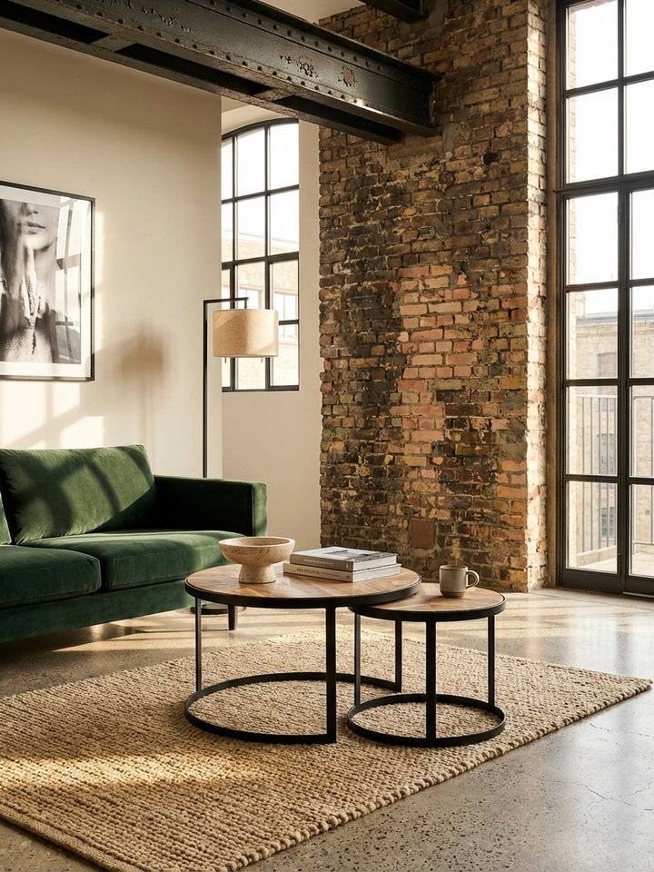 Draufsicht auf den Satztisch aus Akazie und Mango, arrangiert als Wohnzimmertisch mit Büchern und Dekoration, zeigt die flexible Anordnung der zwei Tische._