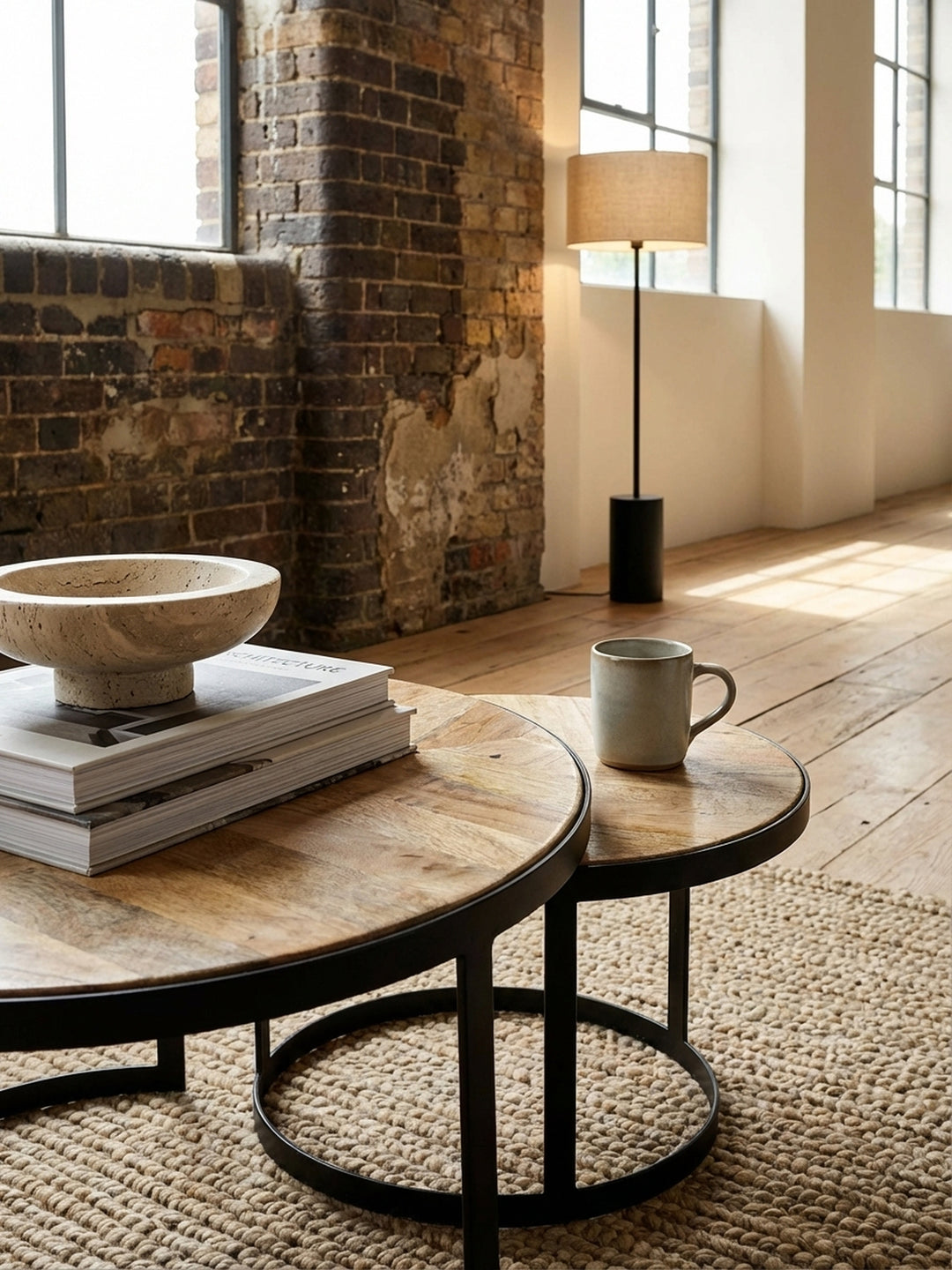 Detailaufnahme der texturierten Massivholz-Tischplatte eines runden Couchtischs im Industrial Design, die feine Maserung von Mango- und Akazienholz ist sichtbar._