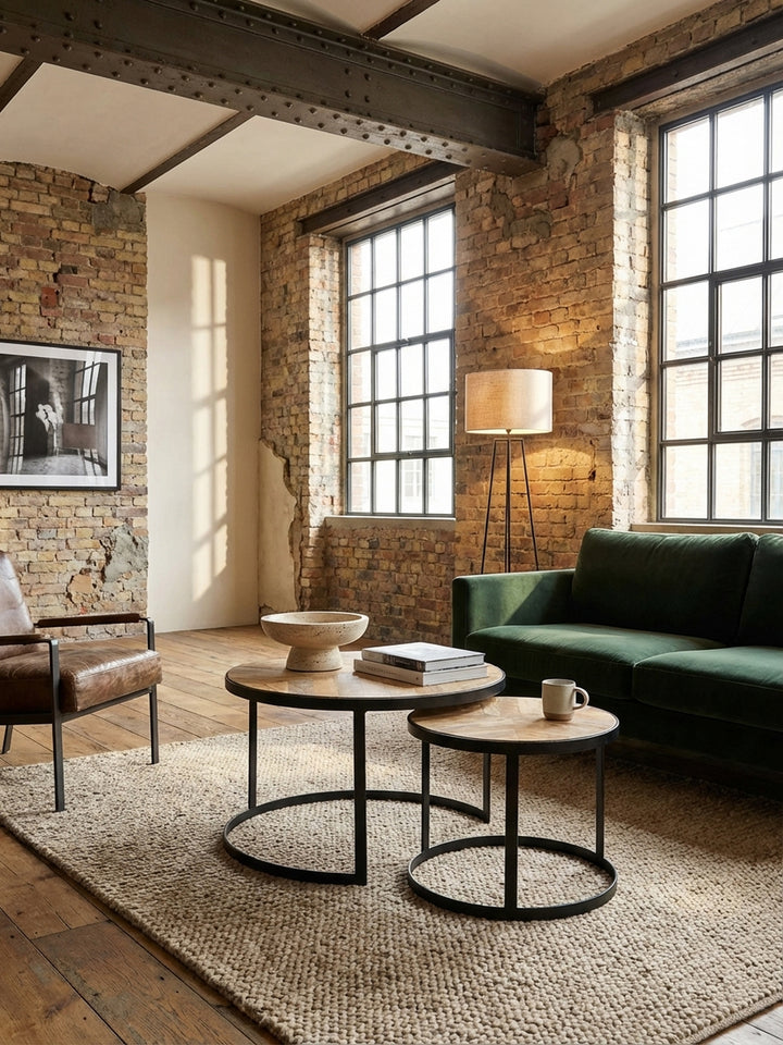 Modernes Wohnzimmer mit einem runden Couchtisch 2er Set aus Massivholz und schwarzem Metall vor einem cognacfarbenen Sofa auf einem beigen Wollteppich._