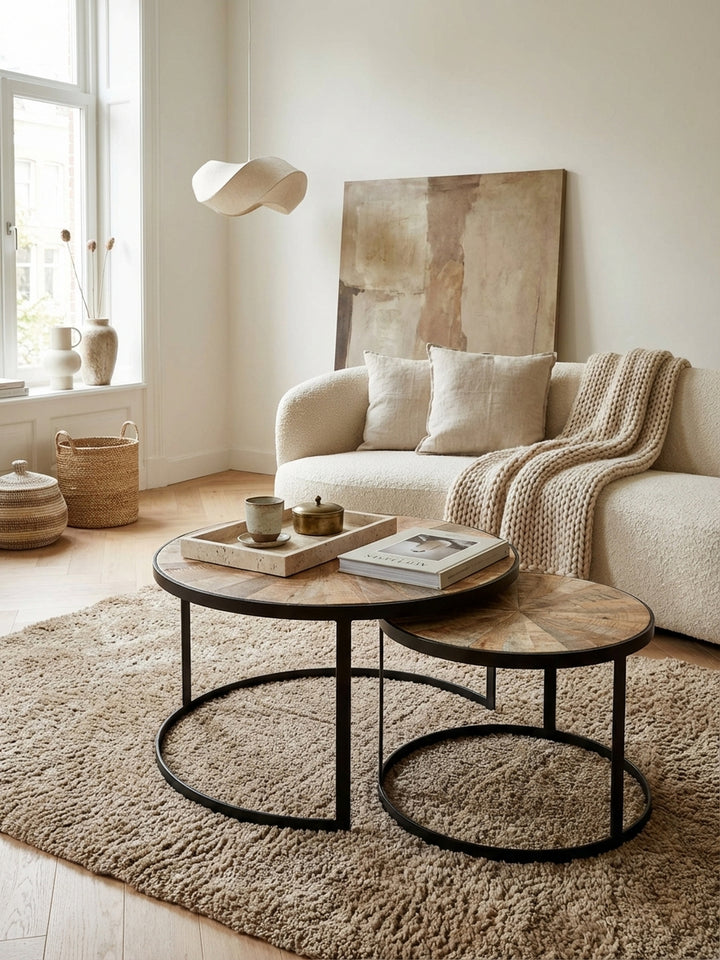 Runder Satztisch aus Mango Massivholz im organisch-modernen Wohnzimmer vor einem beigen Sofa, das natürliche Holz und schwarze Metallbeine schaffen eine warme Atmosphäre._