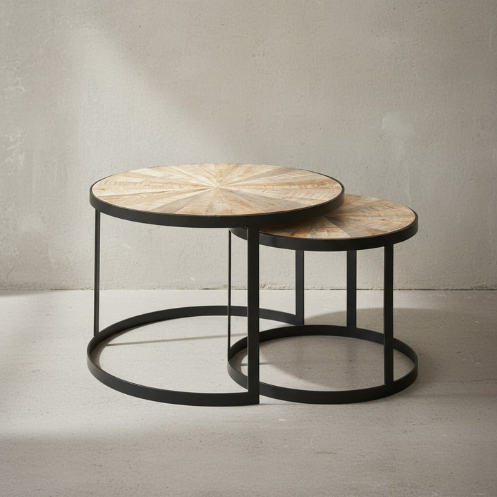 Couchtisch-Set ESINO_ Industrie-Stil_ 2 Größen_ massives Holz und Metall_ platzsparend_ handgefertigt - KADIMA DESIGN_Farbe_ Braun_ Größe_ 60x60x40 cm_