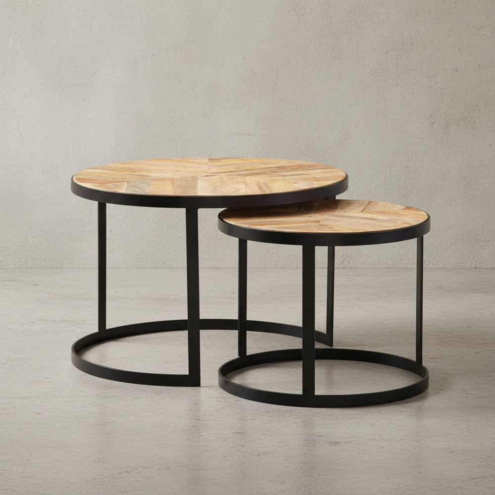 Couchtisch-Set ESINO_ Industrie-Stil_ 2 Größen_ massives Holz und Metall_ platzsparend_ handgefertigt - KADIMA DESIGN_Farbe_ Beige_ Größe_ 60x60x40 cm_