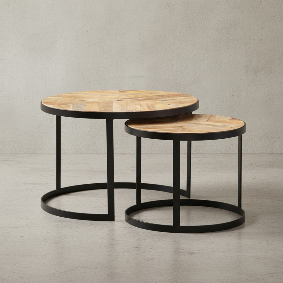 Couchtisch-Set ESINO_ Industrie-Stil_ 2 Größen_ massives Holz und Metall_ platzsparend_ handgefertigt - KADIMA DESIGN_Farbe_ Beige_ Größe_ 60x60x40 cm_