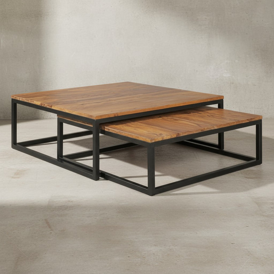 Couchtisch Set Industrial-Stil - Holzplatte_ Metallgestell_ 2 Größen_ Sheeshamfarben_ KADIMA DESIGN_Größe_ 75x75x27 cm_