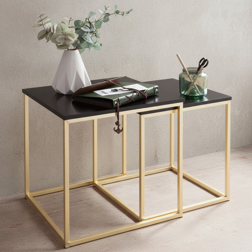 Couchtisch Set TRONTO_ 2 Tische_ Gold-Look_ Metallgestell_ schwarze Glas/MDF-Platte_ 40/35x42/39x40/35 cm - KADIMA DESIGN_Farbe_ Gold_ Größe_ 40x40x42 cm_