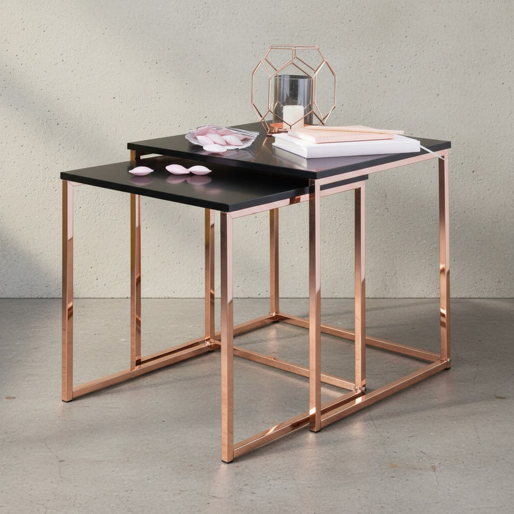 Couchtisch Set TRONTO_ 2 Tische_ Gold-Look_ Metallgestell_ schwarze Glas/MDF-Platte_ 40/35x42/39x40/35 cm - KADIMA DESIGN_Farbe_ Bronze_ Größe_ 40x40x42 cm_