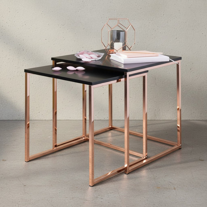 Couchtisch Set TRONTO_ 2 Tische_ Gold-Look_ Metallgestell_ schwarze Glas/MDF-Platte_ 40/35x42/39x40/35 cm - KADIMA DESIGN_Farbe_ Bronze_ Größe_ 40x40x42 cm_