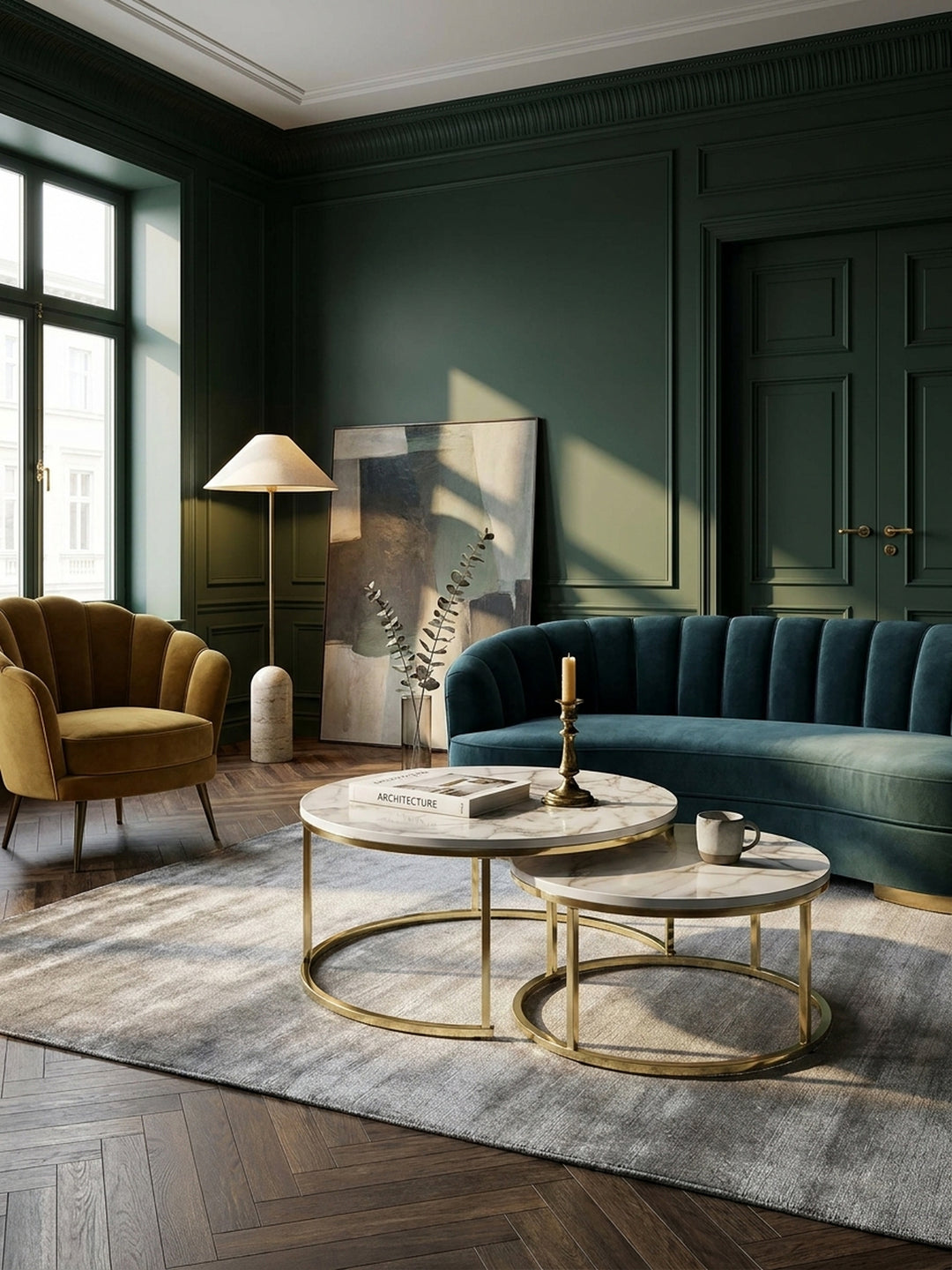 Elegantes Couchtisch 2er Set aus foliertem MDF in Marmoroptik mit glänzendem Goldgestell im großzügigen Pariser Wohnzimmer vor einer tiefgrünen Akzentwand._