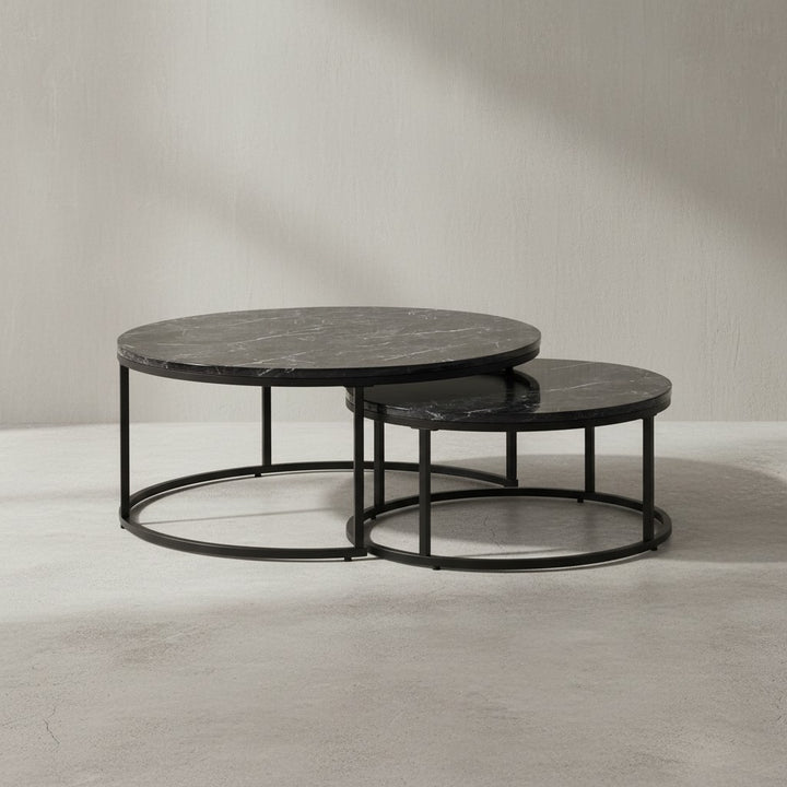 Couchtisch-Set mit Marmor-Optik_ Eichenholz_ Metallgestell_ 80x80x36 cm &amp;amp; 60x60x26 cm_ ineinanderschiebbar - KADIMA DESIGN_Farbe_ Schwarz_ Größe_ 80x80x36 cm_