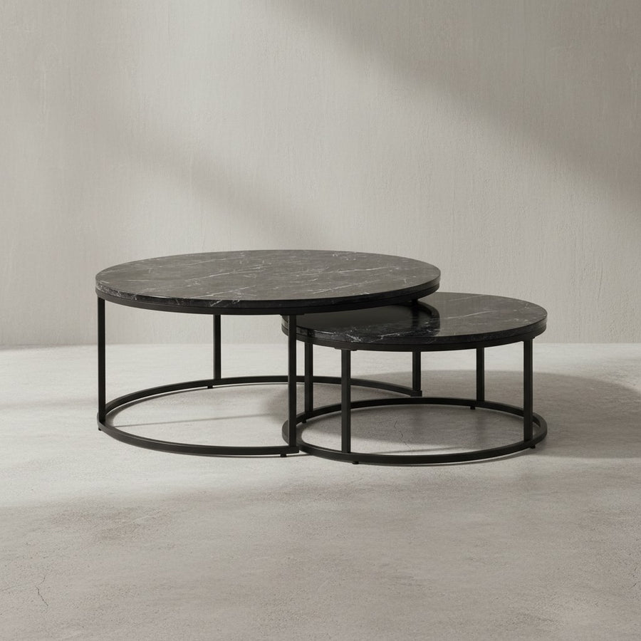 Couchtisch-Set mit Marmor-Optik_ Eichenholz_ Metallgestell_ 80x80x36 cm &amp; 60x60x26 cm_ ineinanderschiebbar - KADIMA DESIGN_Farbe_ Schwarz_ Größe_ 80x80x36 cm_