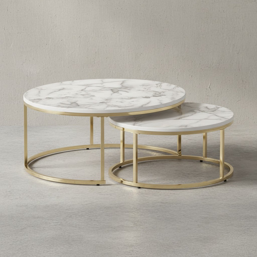 Couchtisch-Set mit Marmor-Optik_ Eichenholz_ Metallgestell_ 80x80x36 cm &amp; 60x60x26 cm_ ineinanderschiebbar - KADIMA DESIGN_Farbe_ Gold_ Größe_ 80x80x36 cm_