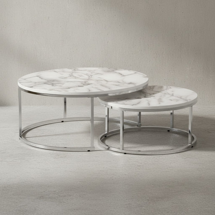 Couchtisch-Set mit Marmor-Optik_ Eichenholz_ Metallgestell_ 80x80x36 cm &amp;amp; 60x60x26 cm_ ineinanderschiebbar - KADIMA DESIGN_Farbe_ Silber_ Größe_ 80x80x36 cm_