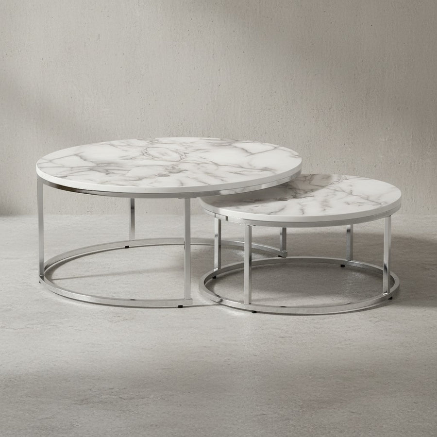 Couchtisch-Set mit Marmor-Optik_ Eichenholz_ Metallgestell_ 80x80x36 cm &amp; 60x60x26 cm_ ineinanderschiebbar - KADIMA DESIGN_Farbe_ Silber_ Größe_ 80x80x36 cm_