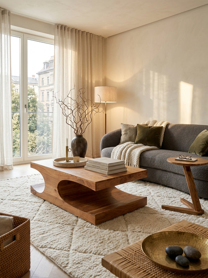 Couchtisch TEKO Massivholz_ 2 Ablagefächer_ 118x38x70 cm_ handgefertigt_ pflegeleicht - KADIMA DESIGN_Farbe_ Beige_ Größe_ 118x70x38 cm_