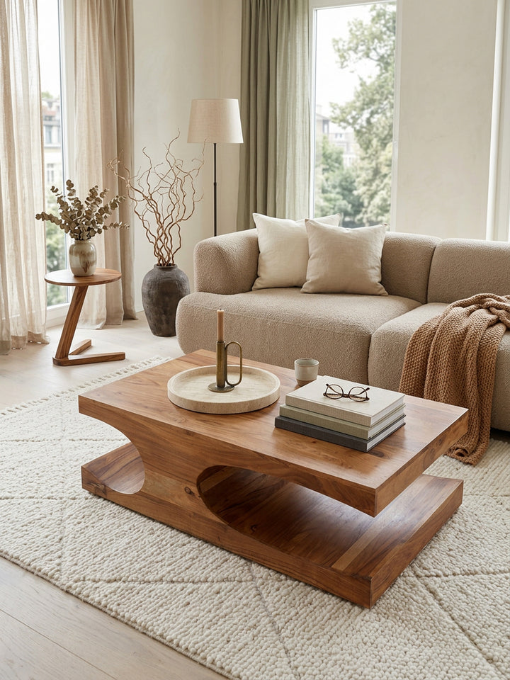 Couchtisch TEKO Massivholz_ 2 Ablagefächer_ 118x38x70 cm_ handgefertigt_ pflegeleicht - KADIMA DESIGN_Farbe_ Beige_ Größe_ 118x70x38 cm_