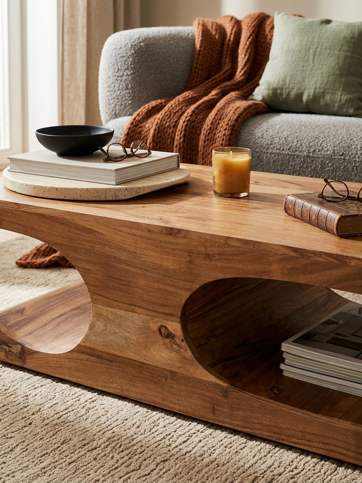 Couchtisch TEKO Massivholz  2 Ablagefächer  118x38x70 cm  handgefertigt  pflegeleicht - KADIMA DESIGN Farbe  Beige  Größe  118x70x38 cm