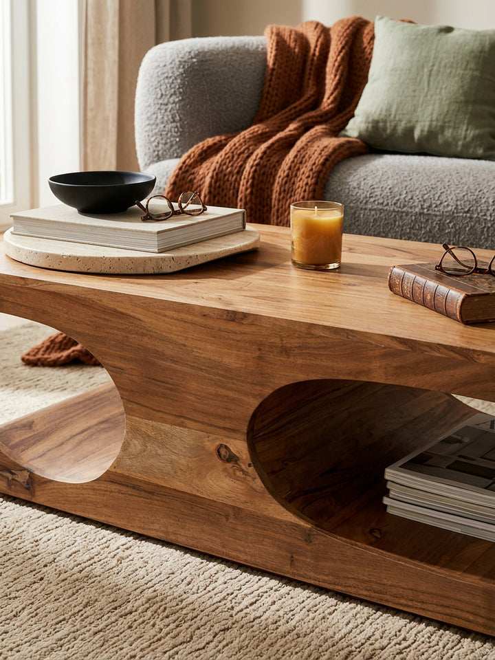 Couchtisch TEKO Massivholz_ 2 Ablagefächer_ 118x38x70 cm_ handgefertigt_ pflegeleicht - KADIMA DESIGN_Farbe_ Beige_ Größe_ 118x70x38 cm_