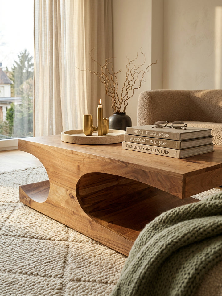 Couchtisch TEKO Massivholz_ 2 Ablagefächer_ 118x38x70 cm_ handgefertigt_ pflegeleicht - KADIMA DESIGN_Farbe_ Beige_ Größe_ 118x70x38 cm_