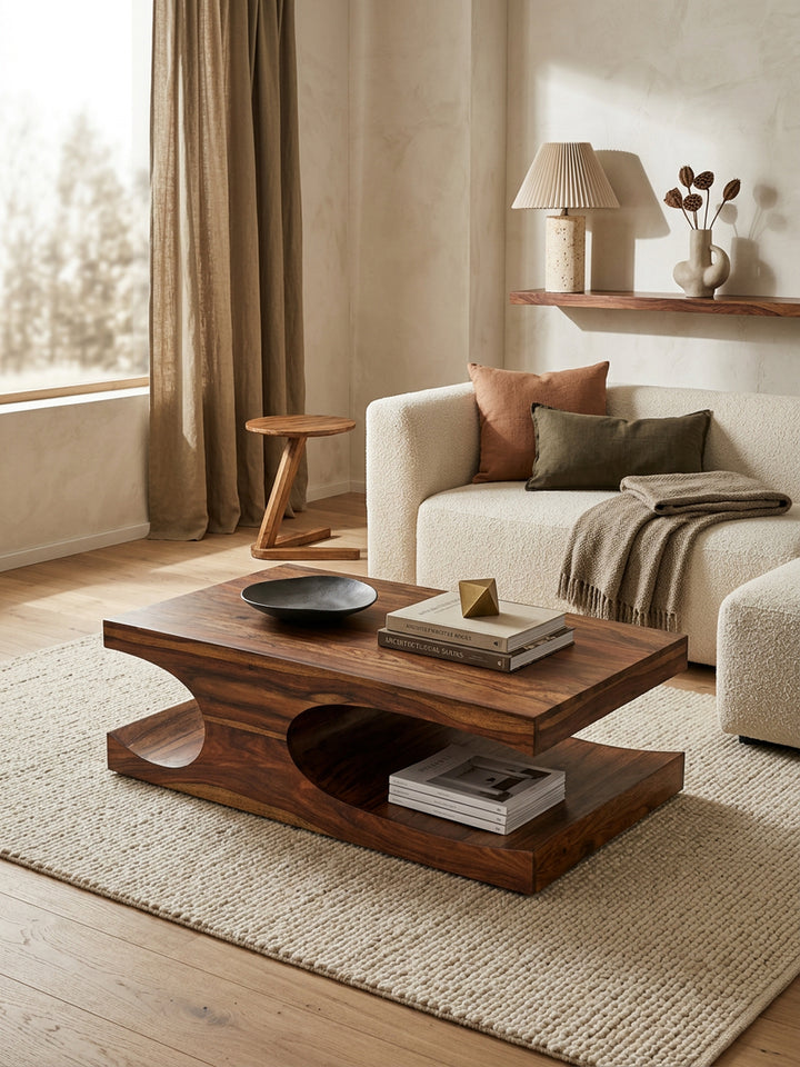 Couchtisch TEKO Massivholz_ 2 Ablagefächer_ 118x38x70 cm_ handgefertigt_ pflegeleicht - KADIMA DESIGN_Farbe_ Braun_ Größe_ 118x70x38 cm_