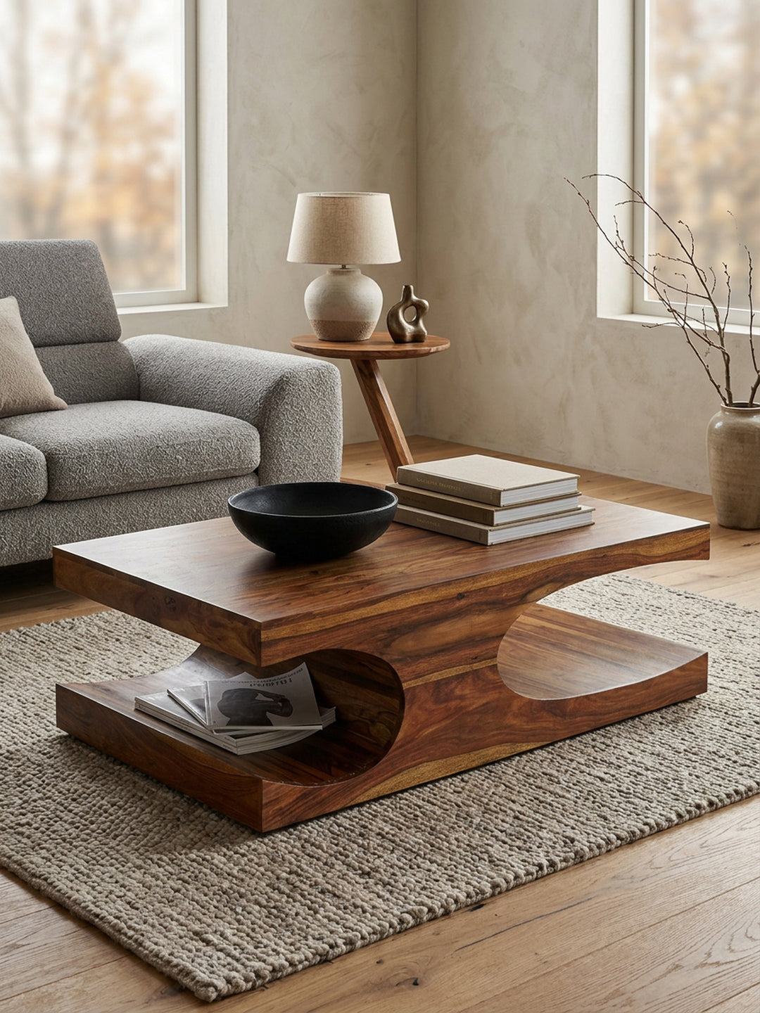 Couchtisch TEKO Massivholz_ 2 Ablagefächer_ 118x38x70 cm_ handgefertigt_ pflegeleicht - KADIMA DESIGN_Farbe_ Braun_ Größe_ 118x70x38 cm_