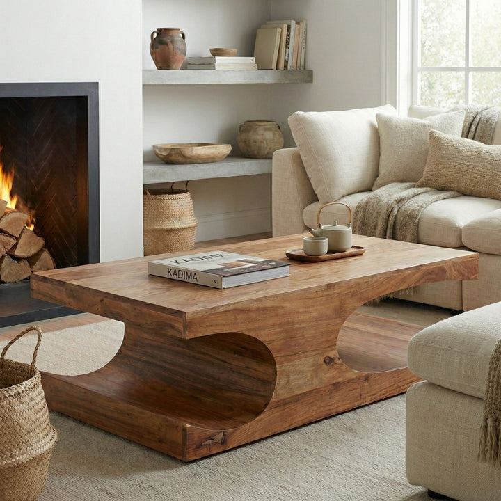 Wohnzimmer mit hellem Sofa und Couchtisch TEKO aus Massivholz, zwei Ablagefächer, natürliche Holzmaserung. 