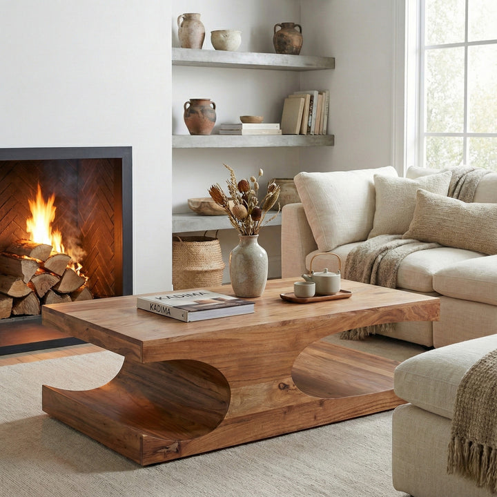 Helles Wohnzimmer mit Kamin und Couchtisch TEKO aus Massivholz, moderne Naturstil-Einrichtung. 