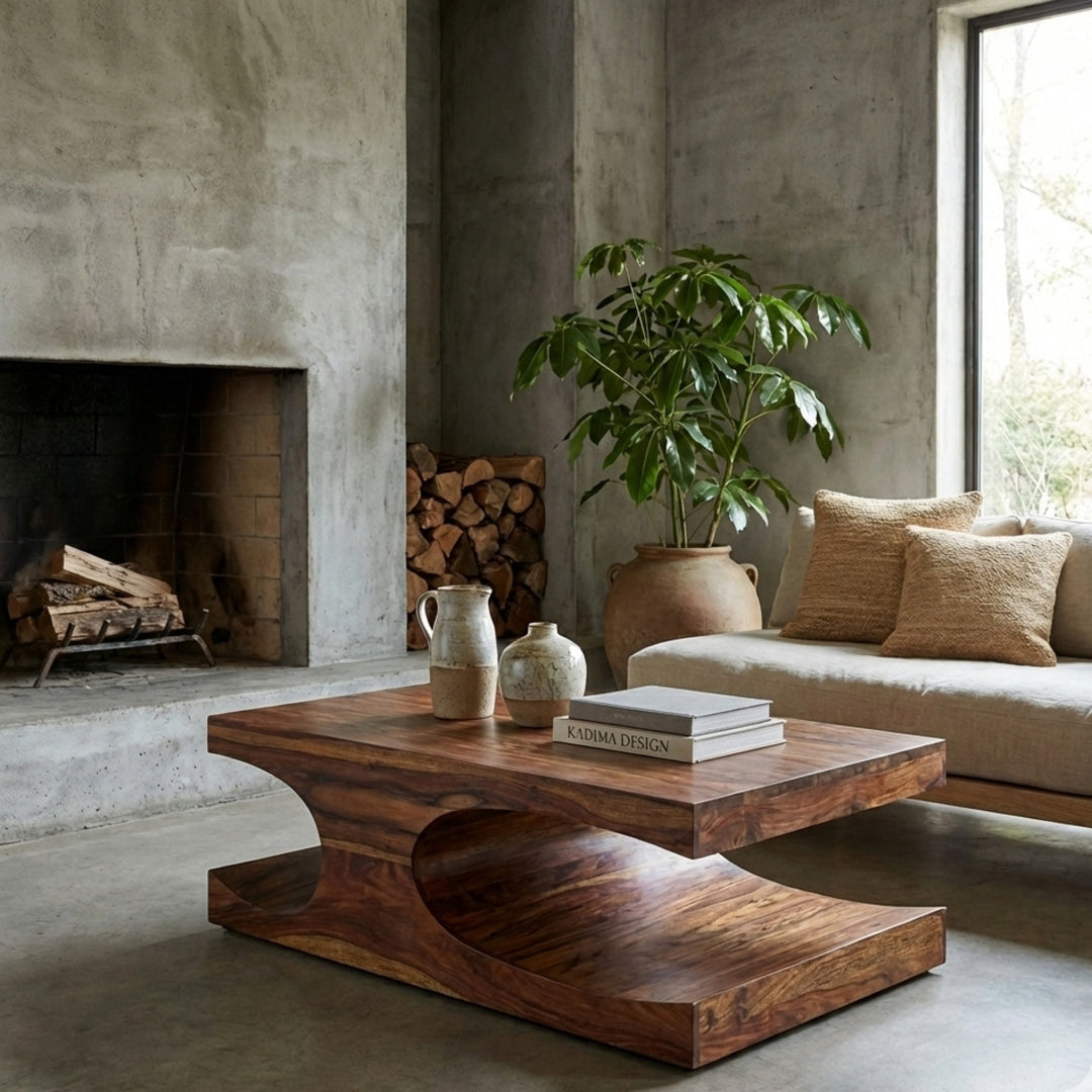 Massivholz-Couchtisch TEKO in Braun im modernen Wohnzimmer, neben Kamin und Sofa. 