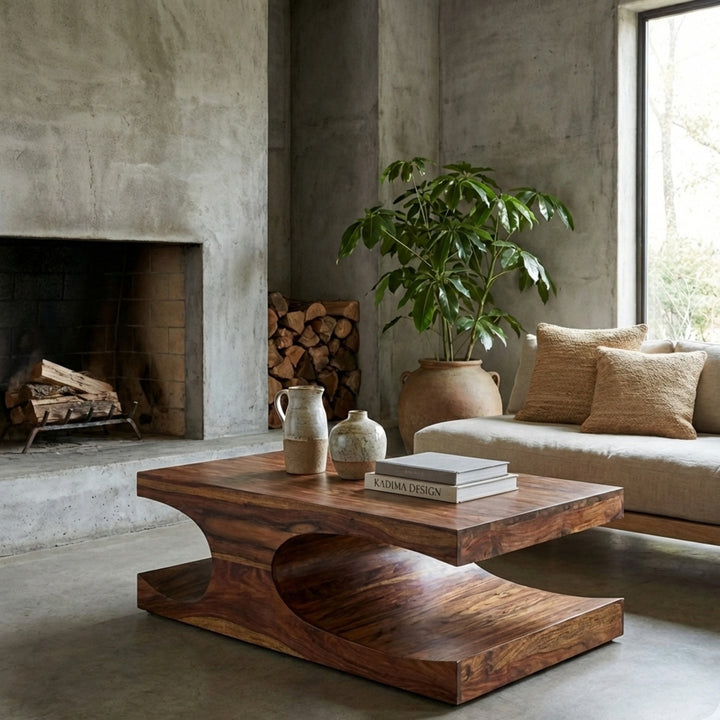 Massivholz-Couchtisch TEKO in Braun im modernen Wohnzimmer, neben Kamin und Sofa. 