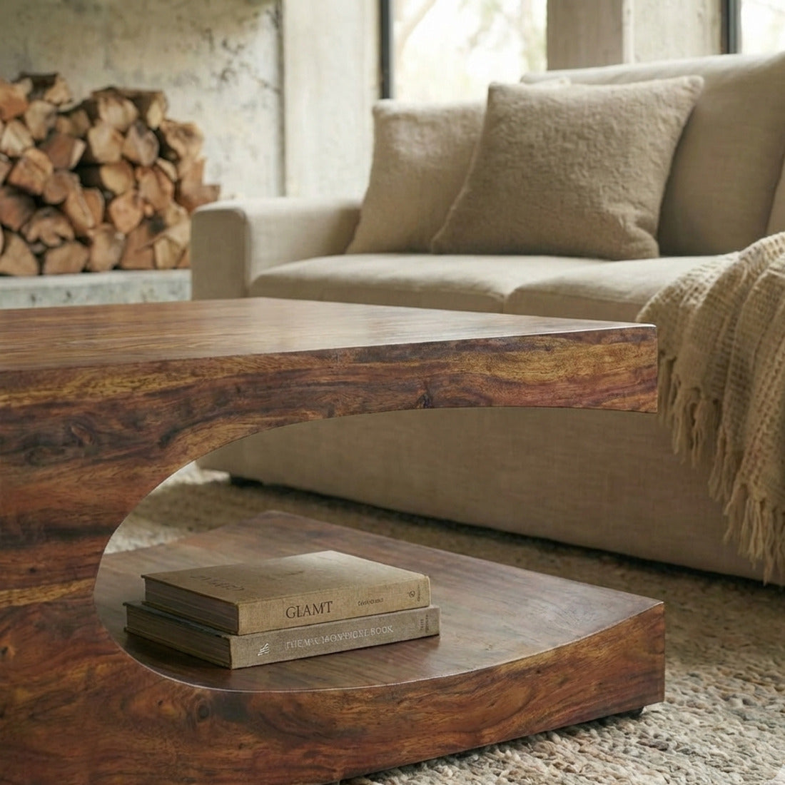 Detailcollage des Massivholz-Couchtischs TEKO mit geschwungenen Ablagefächern. 