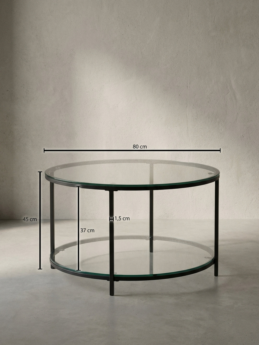 Technisches Maßbild des runden Couchtischs mit exakten Abmessungen: Höhe 45 cm, Durchmesser 80 cm, für eine präzise Raumplanung._