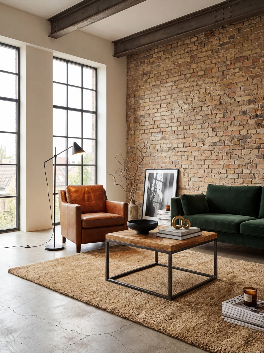 Der quadratische Couchtisch aus Mango Massivholz steht in einem modernen Wohnzimmer auf einem beigen Wollteppich und verleiht dem Raum einen warmen Industrial-Look._