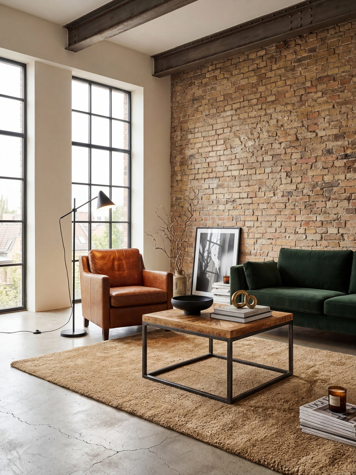 Der quadratische Couchtisch aus Mango Massivholz steht in einem modernen Wohnzimmer auf einem beigen Wollteppich und verleiht dem Raum einen warmen Industrial-Look.