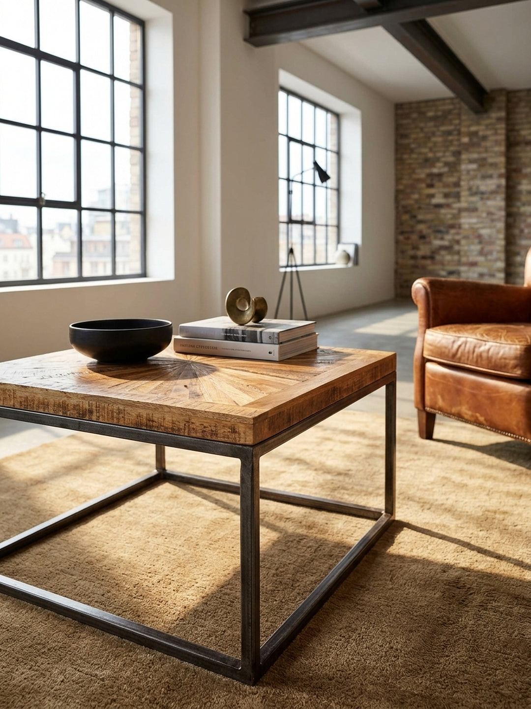 Nahaufnahme der strukturierten Oberfläche aus massivem Mangoholz des Couchtischs, die die einzigartige Maserung und den rustikalen Charme des Naturmaterials hervorhebt._
