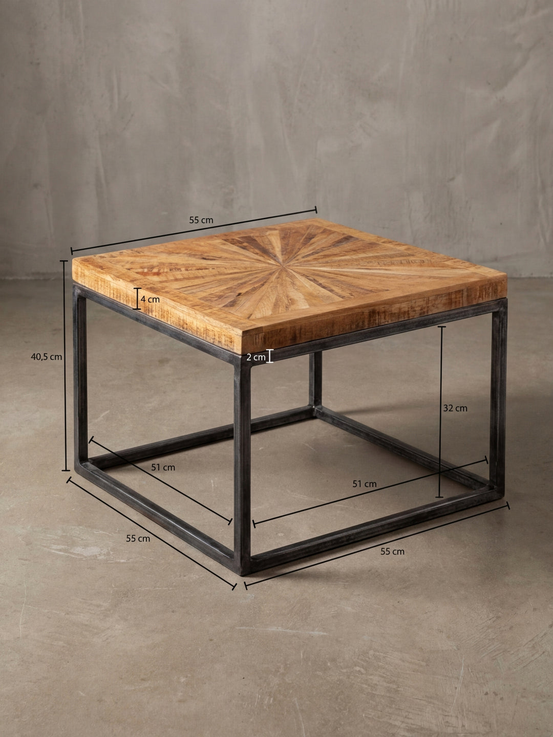 Technische Darstellung des Couchtischs mit exakten Maßen: Breite 55 cm, Tiefe 55 cm und Höhe 41 cm, ideal für die Raumplanung im Wohnzimmer._
