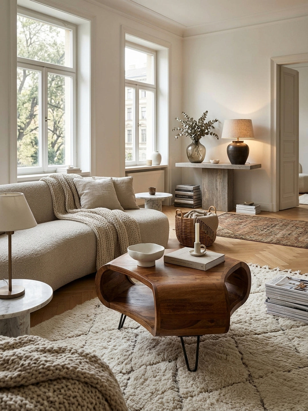 Massiver Couchtisch aus Sheeshamholz mit eleganten Metallbeinen in einem stilvollen Wohnzimmer. Die warme Holzmaserung des 55x55cm Sofatisches harmoniert perfekt mit dem hellen Teppich._