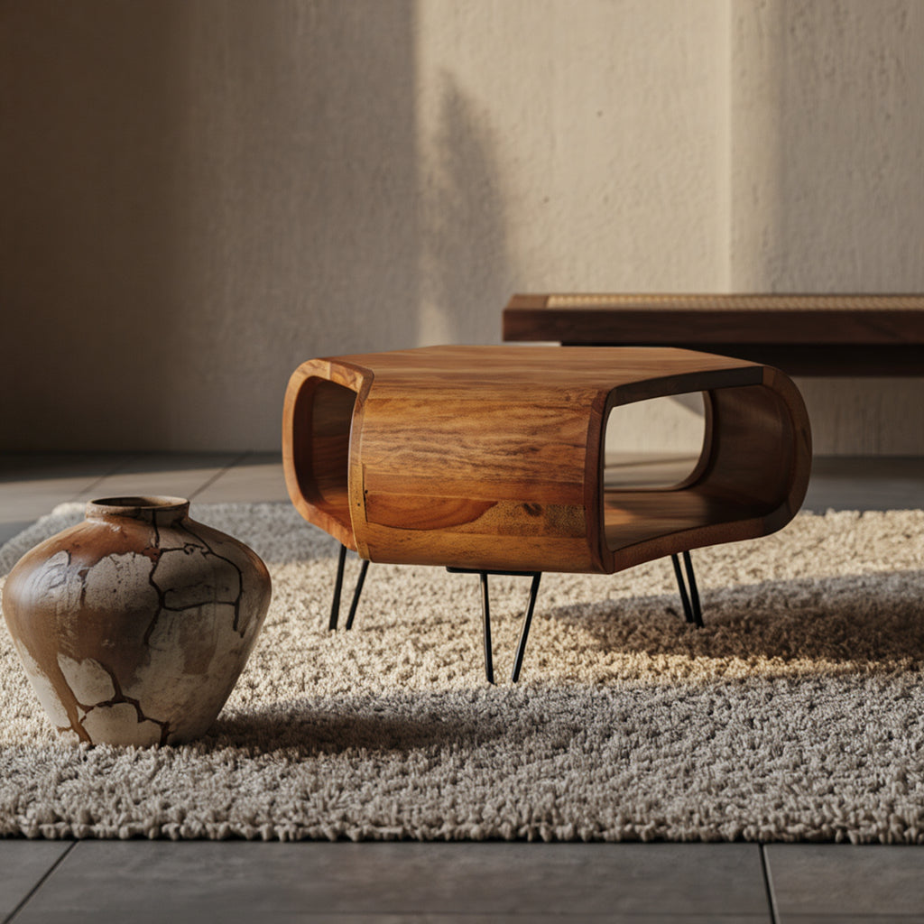 Massivholz Beistelltisch aus Sheesham mit Hairpin Legs – exklusiver Couchtisch im skandinavischen Design_