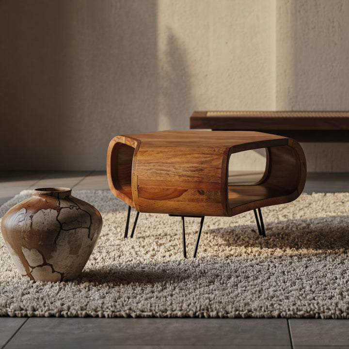 Massivholz Beistelltisch aus Sheesham mit Hairpin Legs – exklusiver Couchtisch im skandinavischen Design_