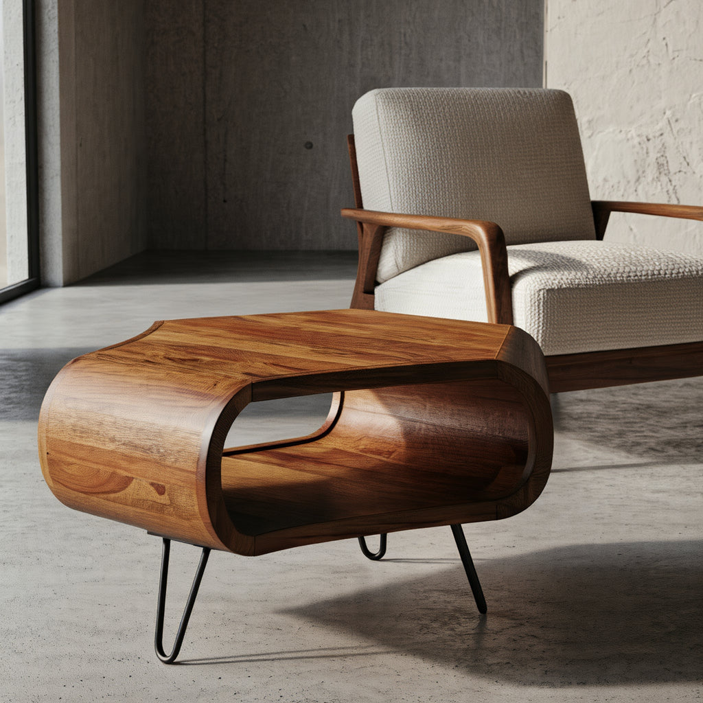 Wohnzimmertisch aus Massivholz Sheesham – rechteckiger Design Couchtisch mit Ablage und Metallgestell_