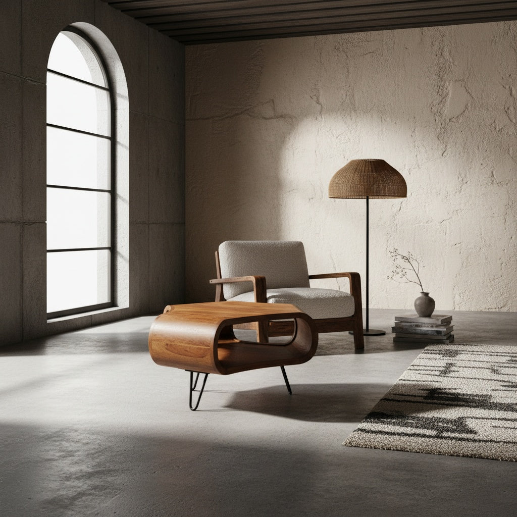 Couchtisch aus Massivholz Sheesham mit Ablage und Metallfüßen – moderner Wohnzimmertisch bei Kadima Design