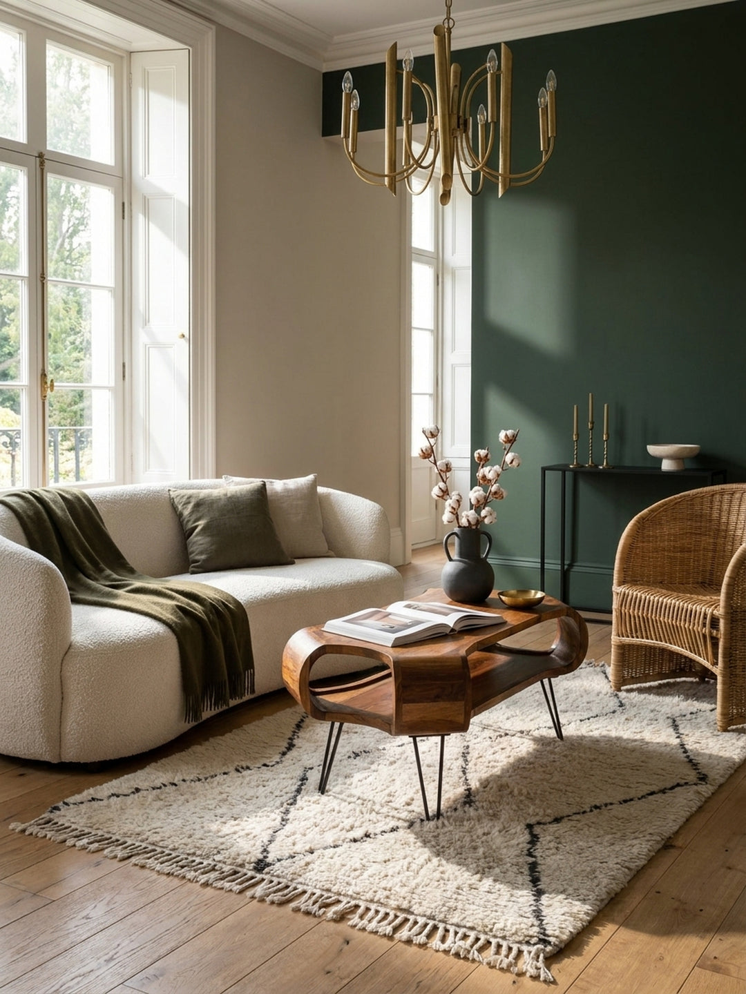 Der rechteckige Kaffeetisch aus Massivholz mit Stauraum harmoniert perfekt neben einem cremefarbenen Sofa und einem Sessel aus cognacfarbenem Leder._