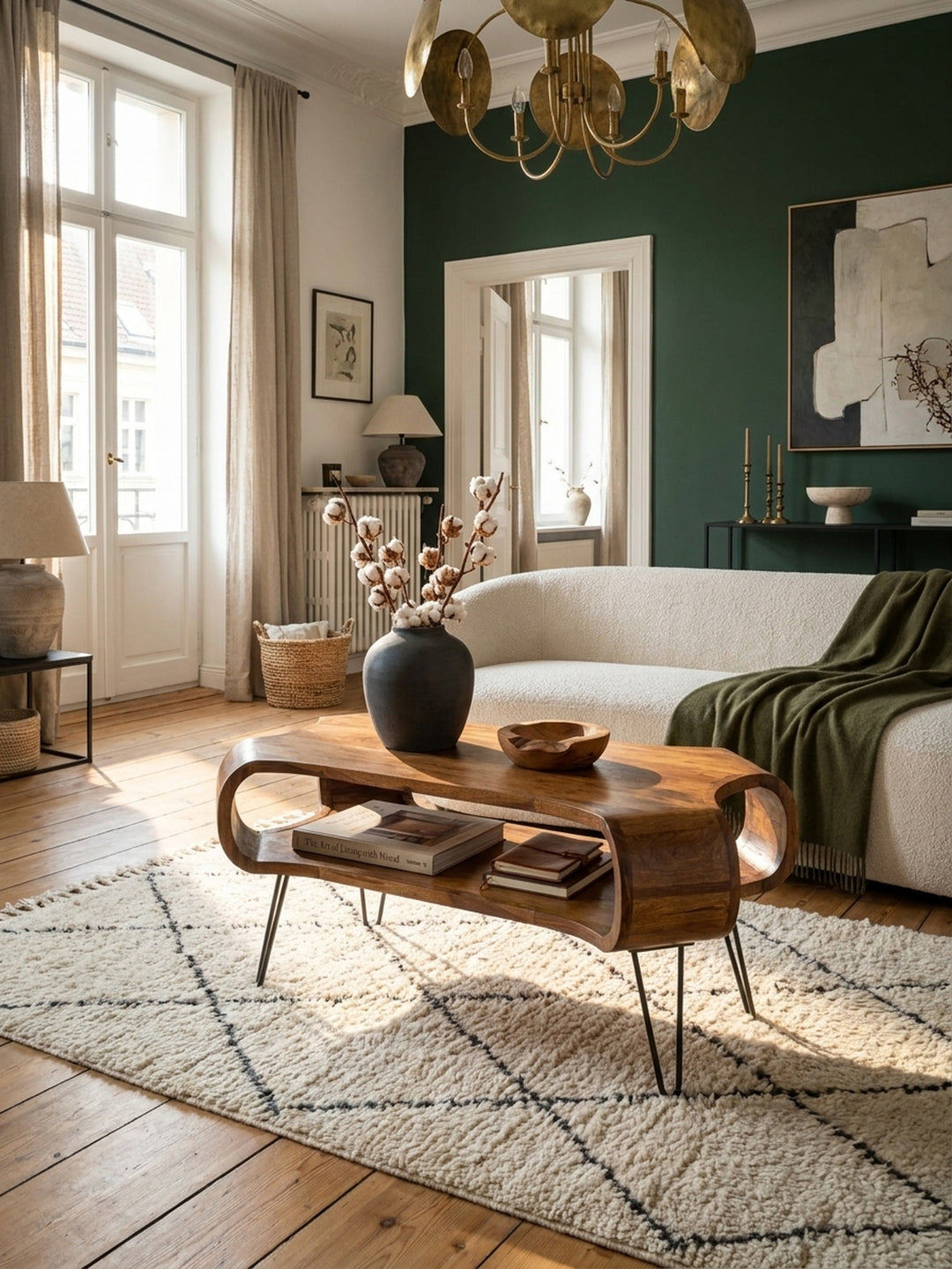 Massiver Sheesham-Couchtisch mit geschwungener Form im Zentrum eines organisch-modernen Wohnzimmers mit beigem Bouclé-Sofa und tiefgrüner Akzentwand._